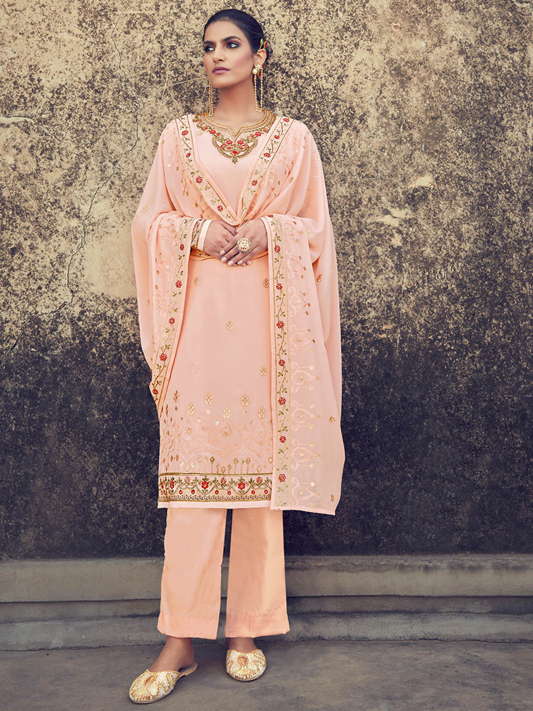 Shaily Pink & Red Embroidered Silk Georgette Unstitched Dress Material