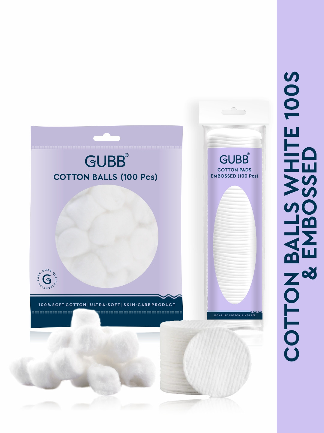 GUBB Set of Cotton Balls & Embossed Cotton Pads - 100 Pcs Each