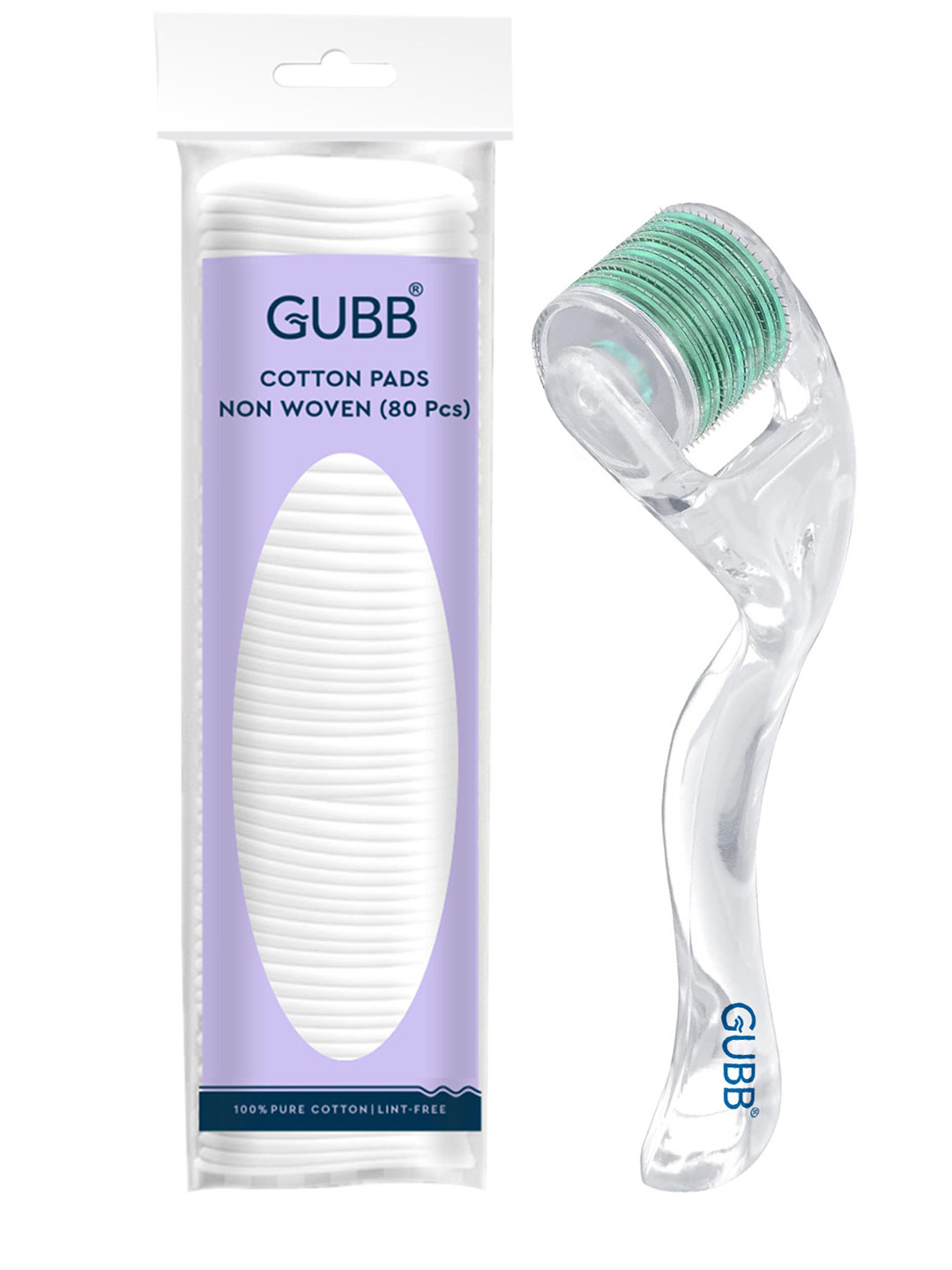 GUBB Set of Transparent Derma Roller - Green & Makeup Remover Non-Woven Cotton Pads 80 Pcs