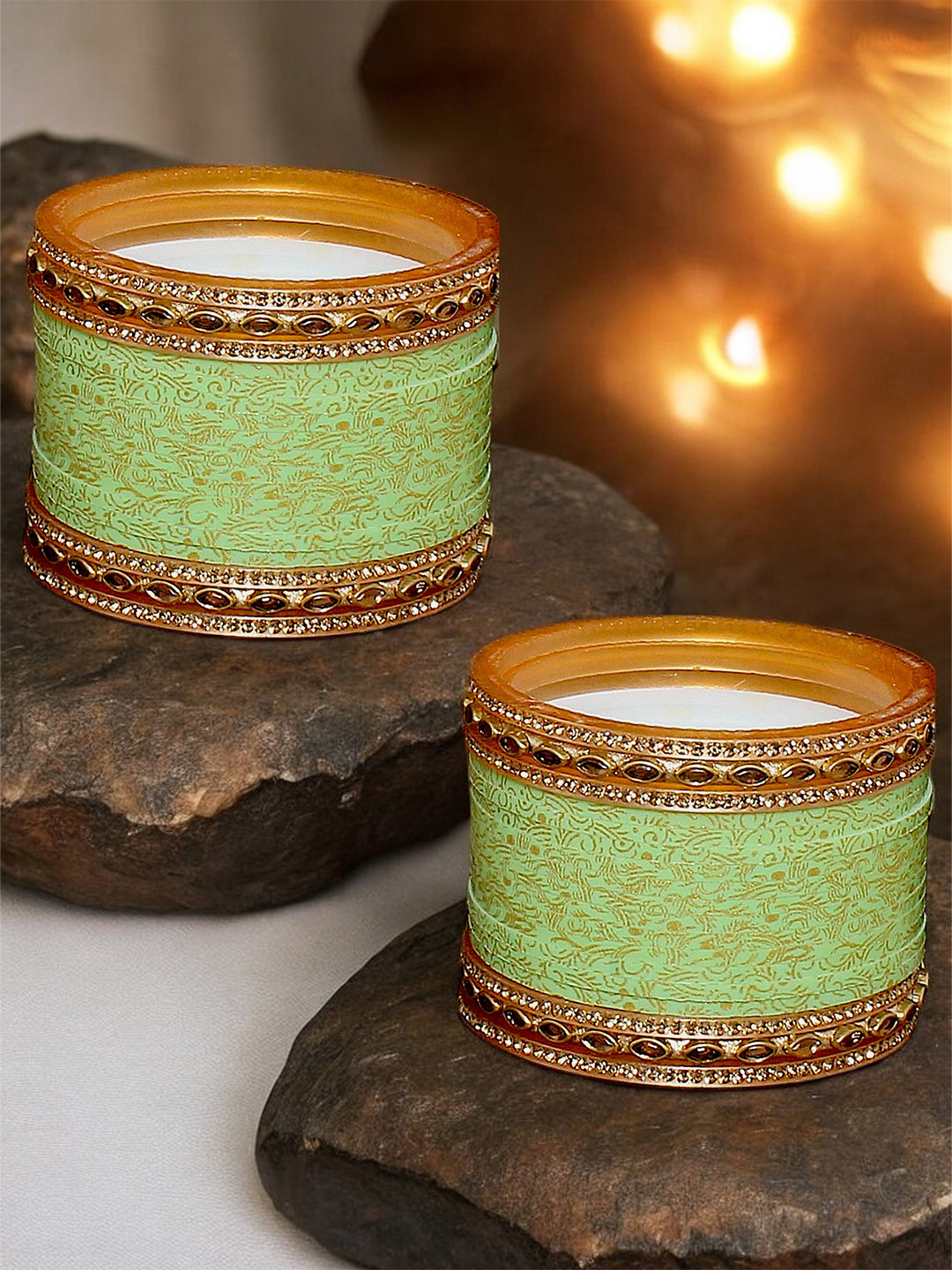 LUCKY JEWELLERY Lime Green & Gold-Toned Kundan Studded Bridal Chura Bangle Set