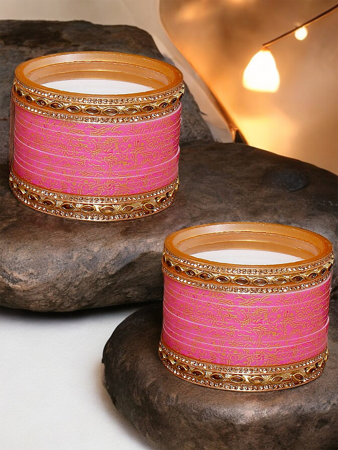 LUCKY JEWELLERY Pink CZ & Kundan Studded Punjabi Bridal Bangle Set