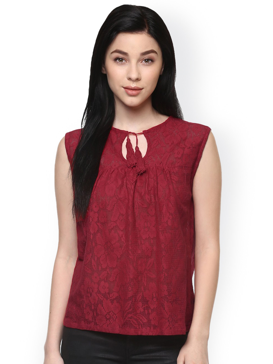 Pannkh Women Red Self Design Semi-Sheer Lace Pure Cotton Top