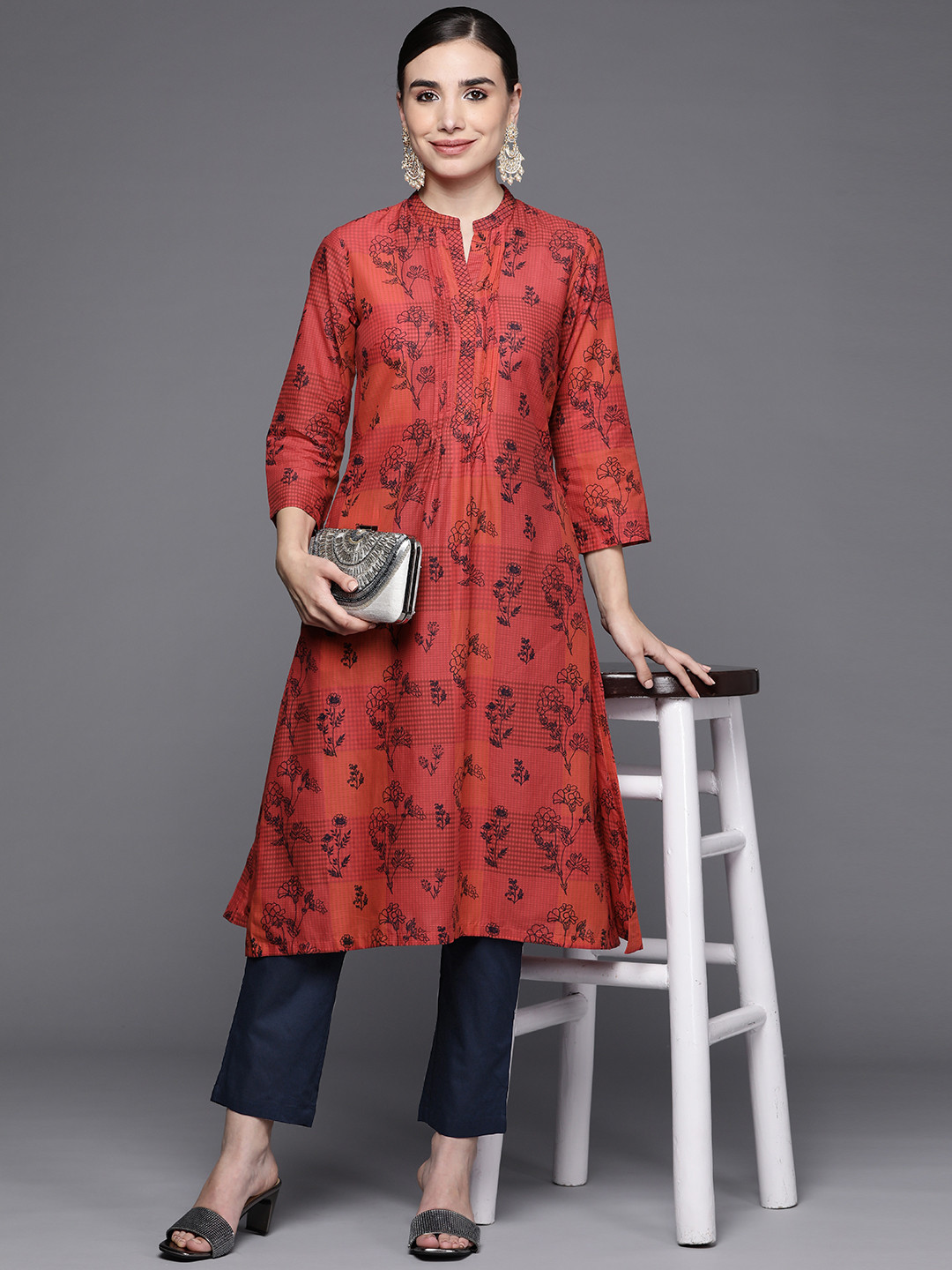 Biba Women Red & Navy Blue Pure Cotton Ethnic Motifs Printed Kurta with Trousers