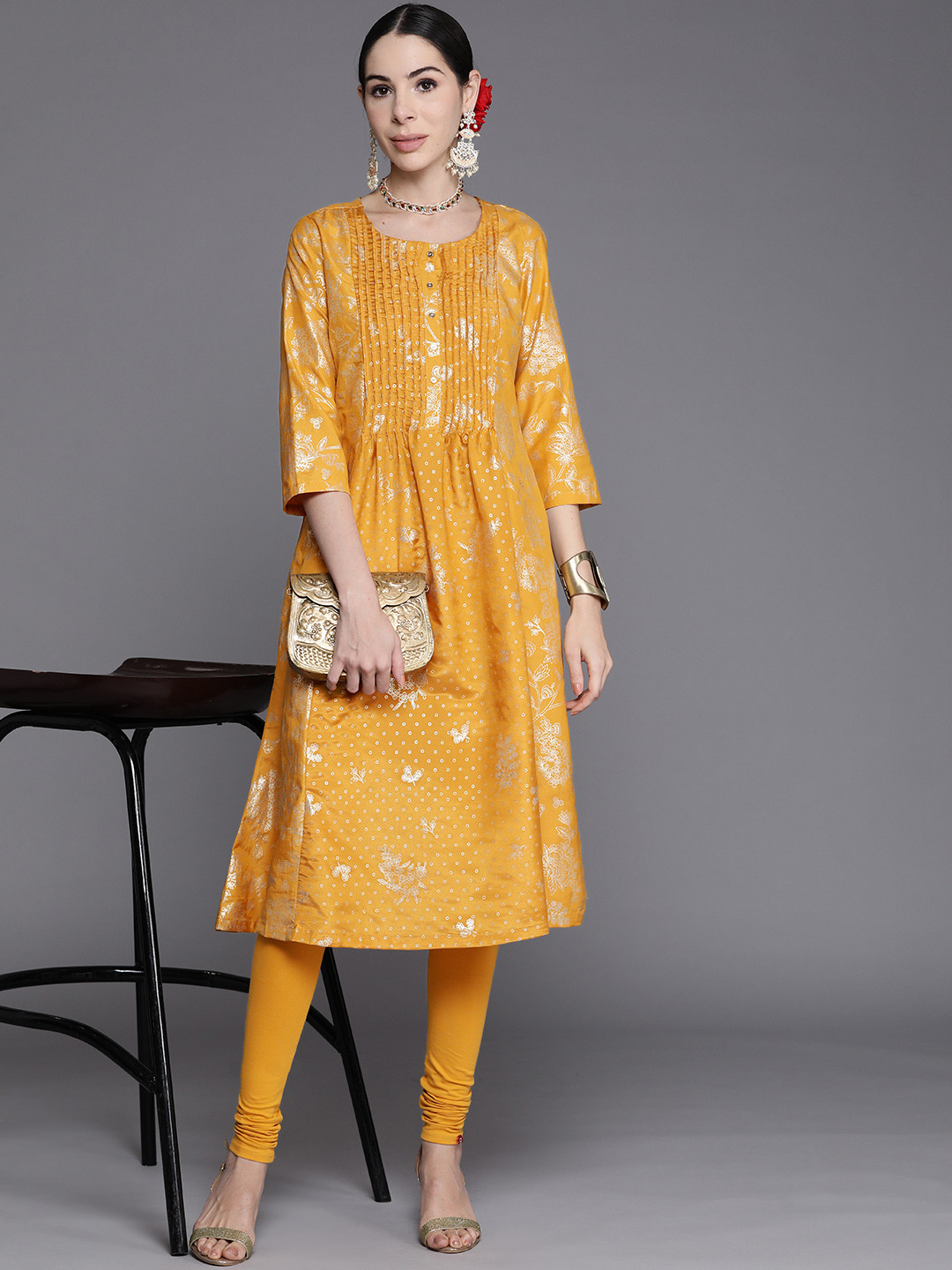 Biba Women Mustard Yellow & Golden Ethnic Motifs Printed Kurta & Leggings