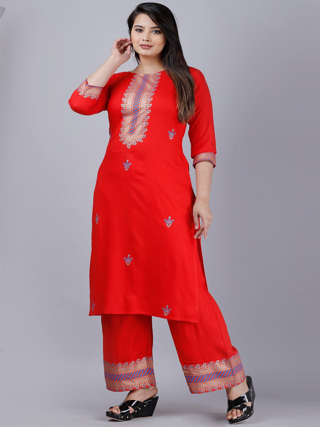 MAUKA Women Red Printed Kurta with Palazzos