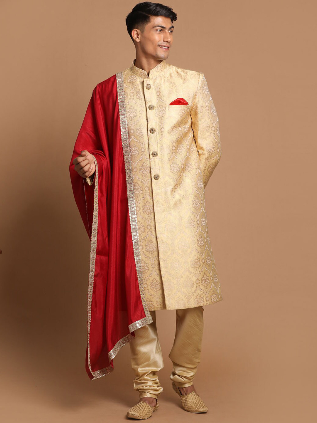 VASTRAMAY Men Red & Cream Woven Design Sherwani Set