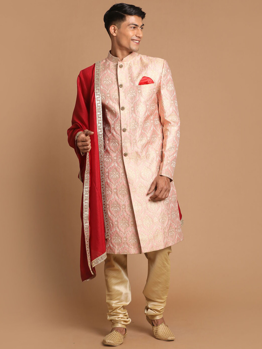 VASTRAMAY Men Pink Woven Design Brocade Sherwani