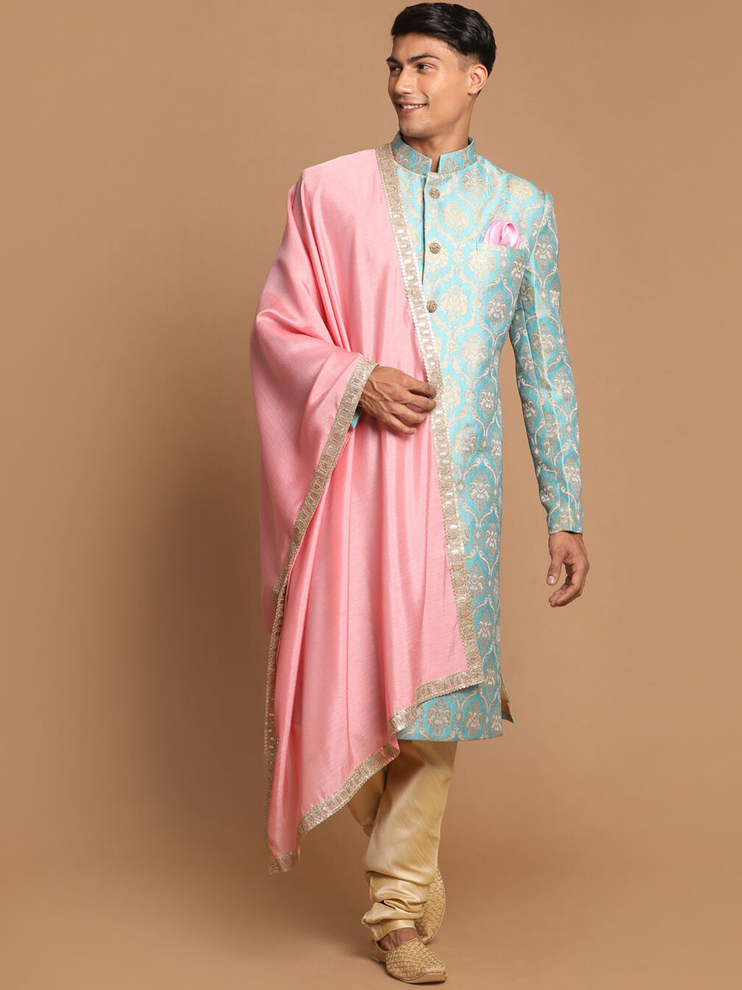 VASTRAMAY Men Blue & Gold-Colored Embellished Sherwani With Dupatta