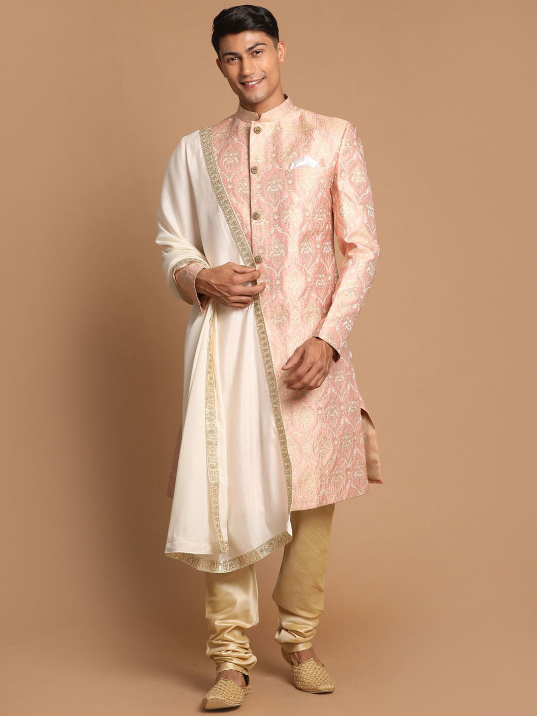 VASTRAMAY Men Pink & Golden Woven Design Sherwani With Embellished Dupatta
