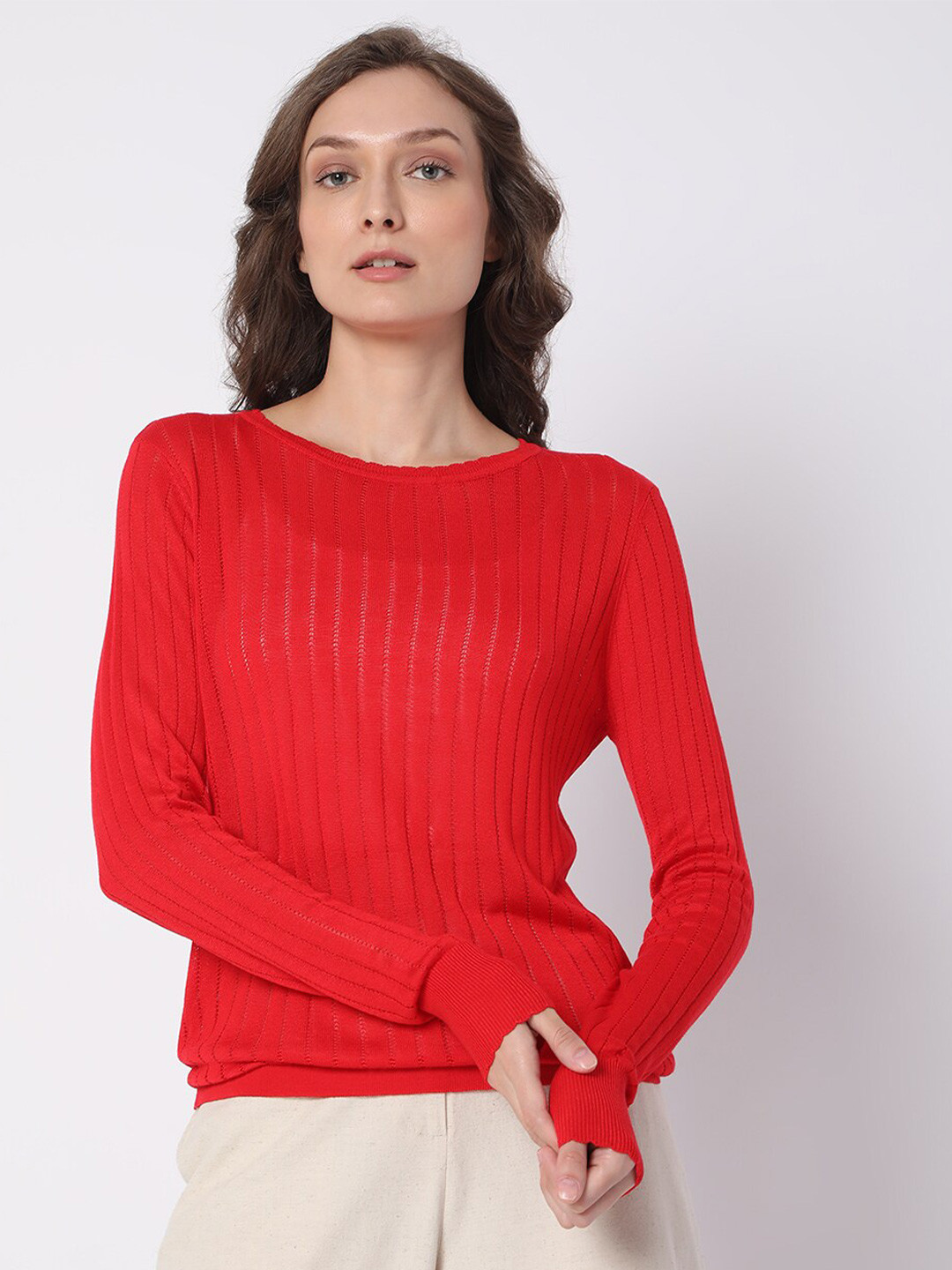 Vero Moda Women Red Self Design Sweater