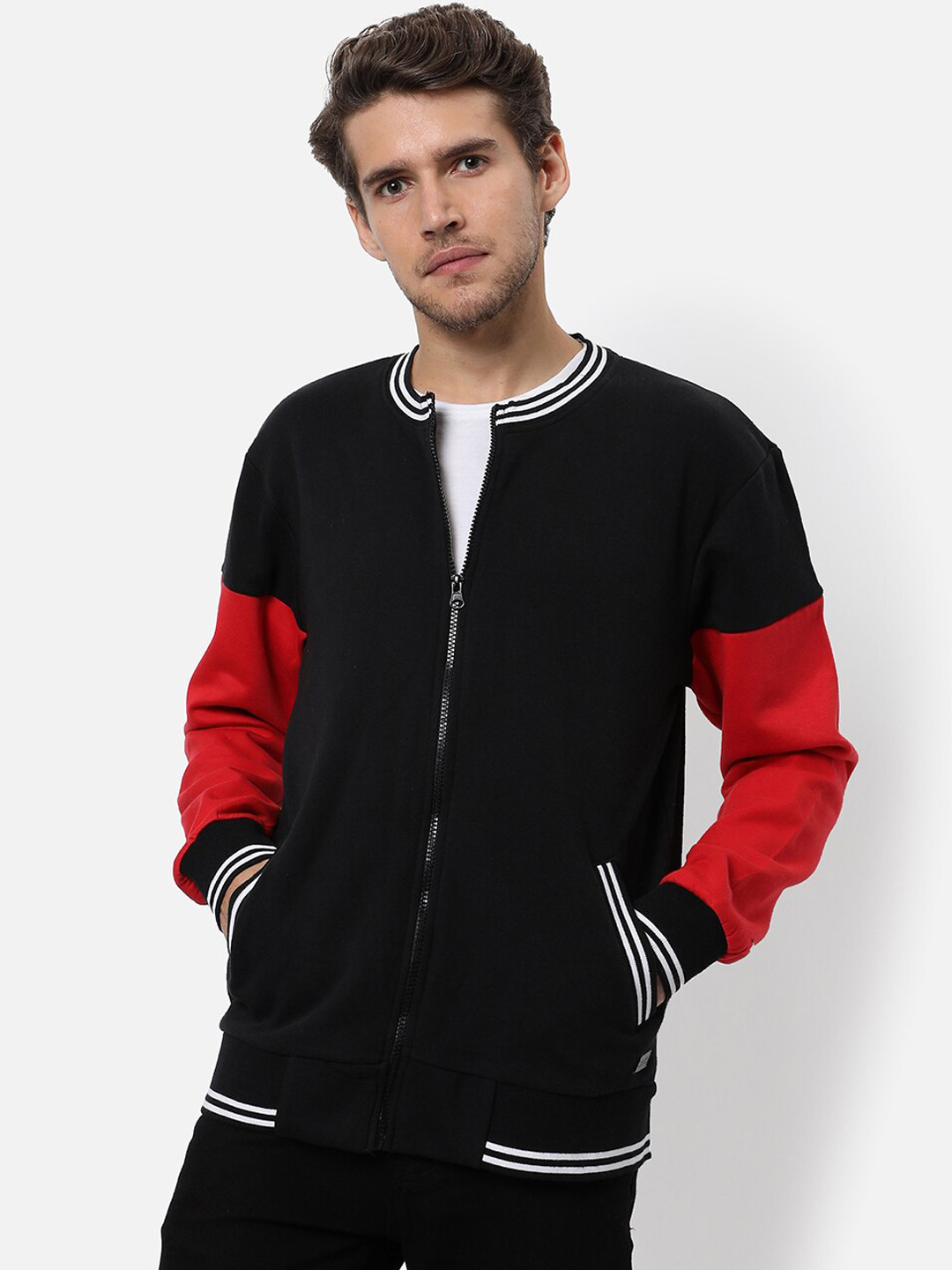 Campus Sutra Men Black & Red Striped Windcheater Outdoor Tailored Jacket