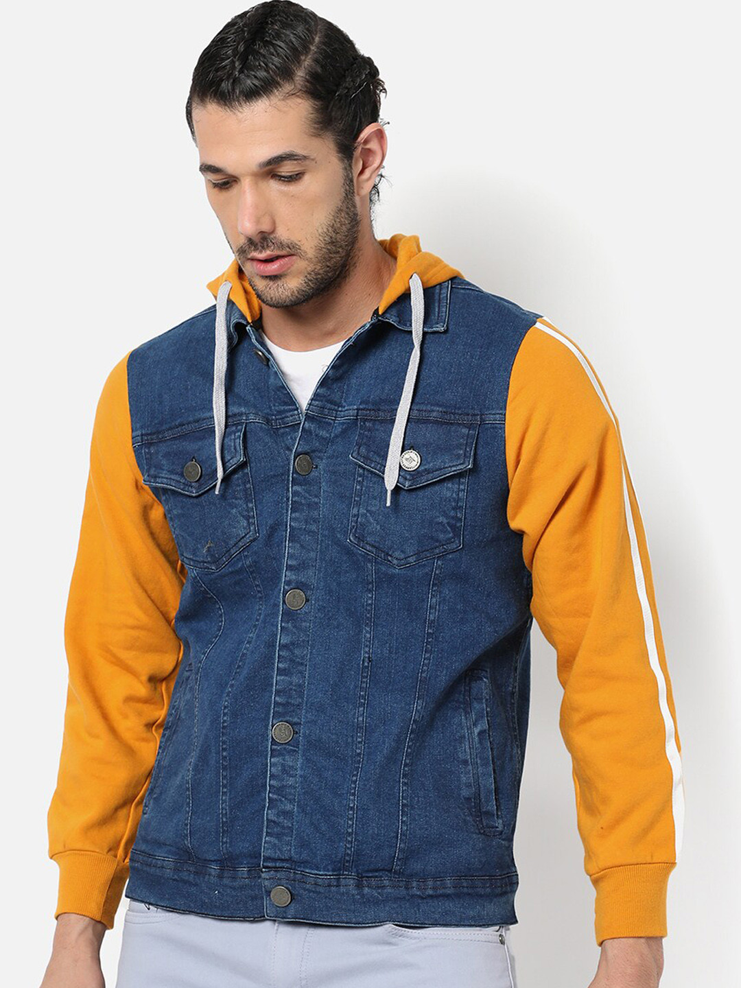 Campus Sutra Men Blue & Mustard Washed Colourblocked Crop Denim Jacket