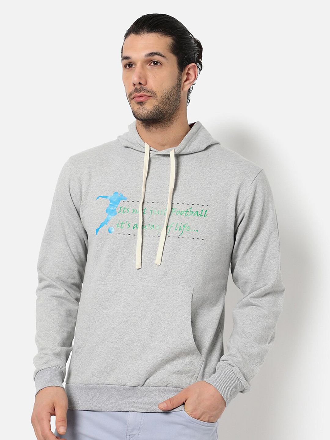 CAHOOT Men Grey Typography Printed Hooded Sweatshirt