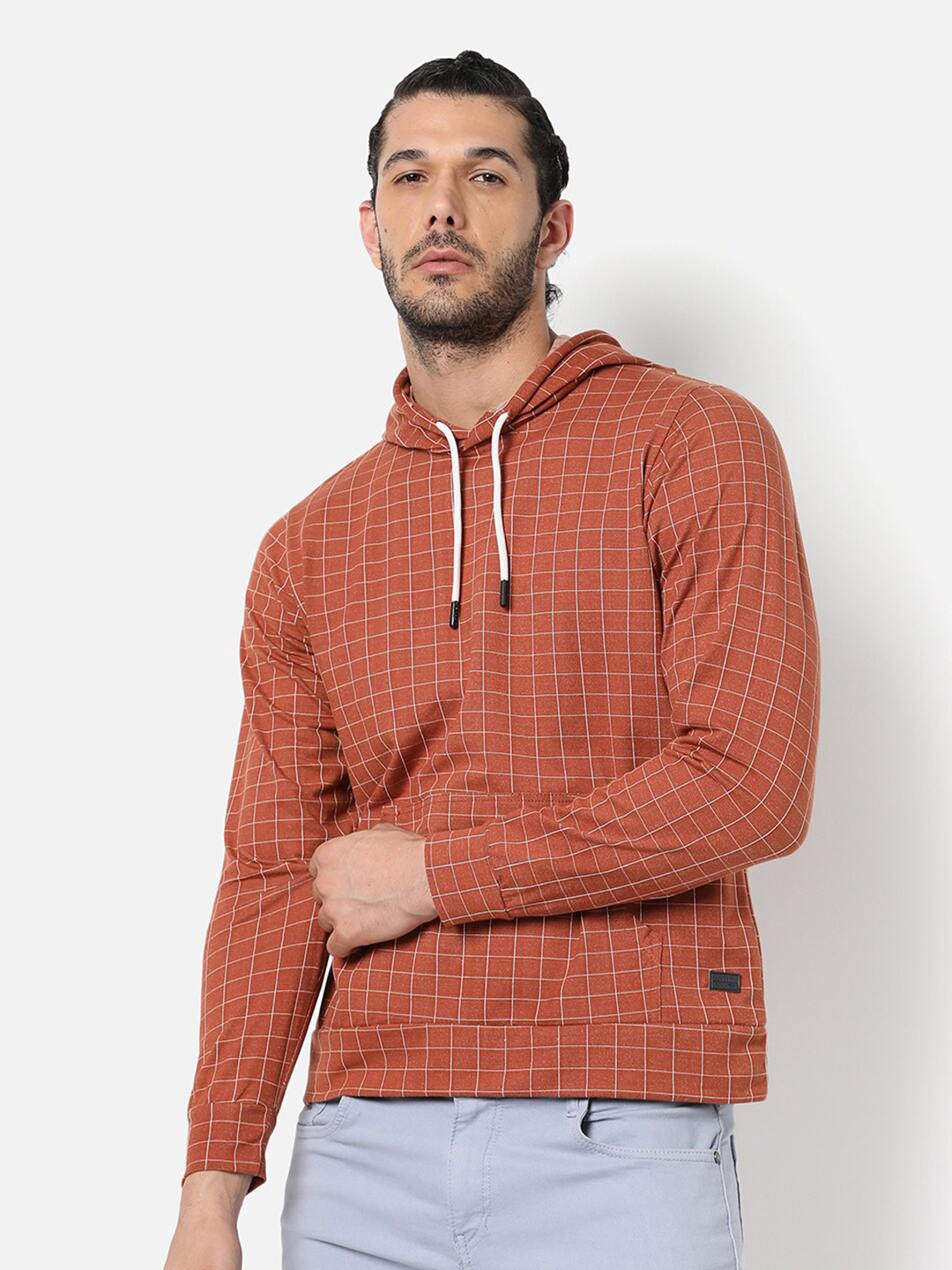 Campus Sutra Men Tan Checked Hooded Sweatshirt