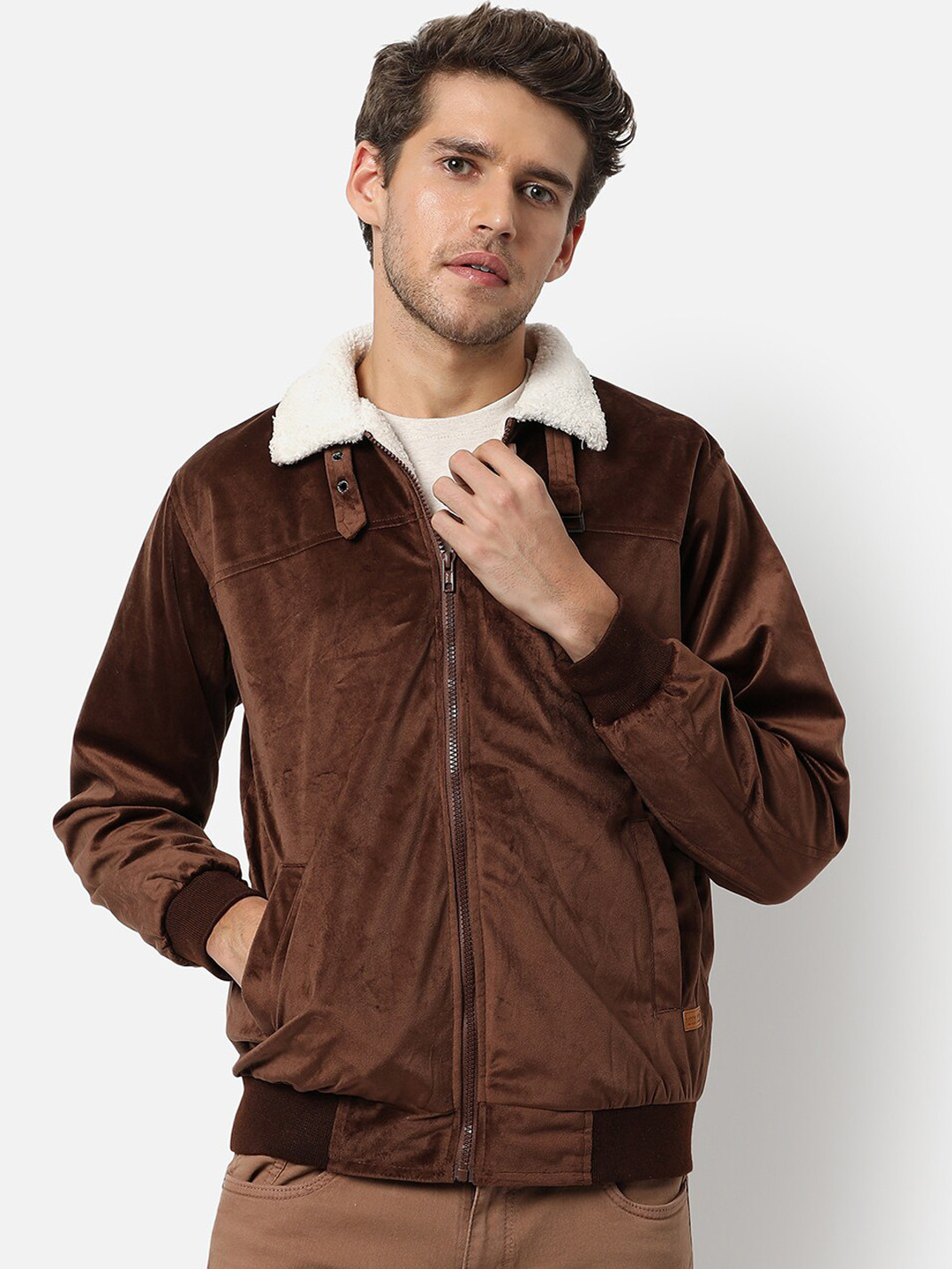 Campus Sutra Men Brown Suede Bomber Jacket
