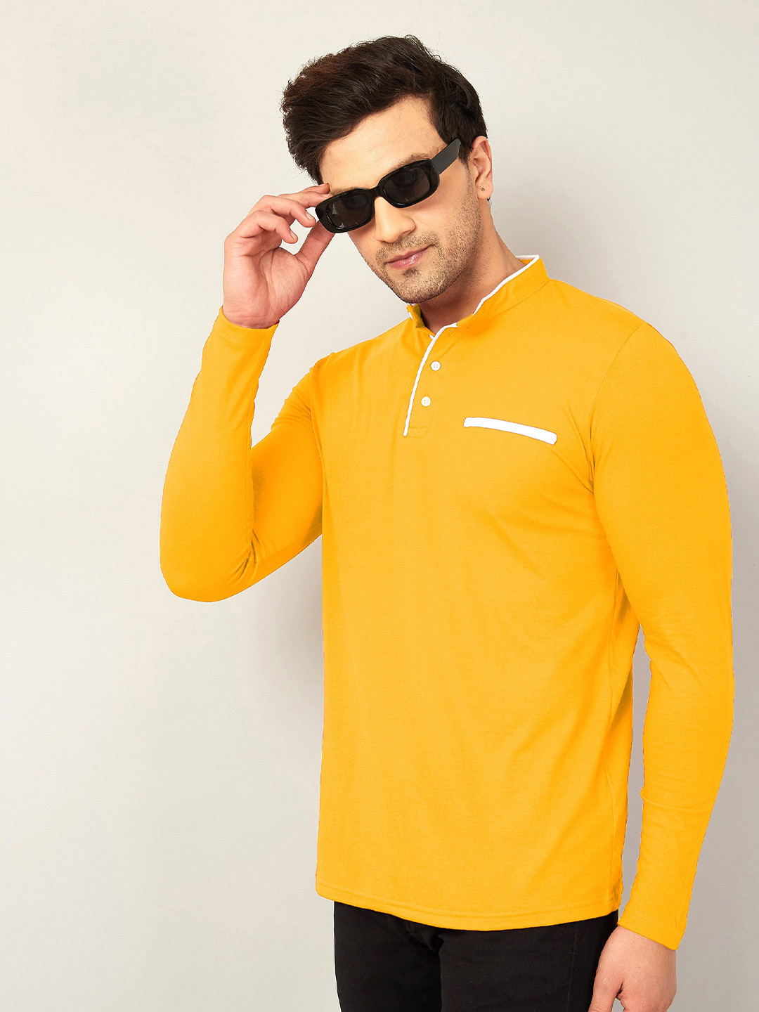 AUSK Men Mustard Yellow Mandarin Collar T-shirt