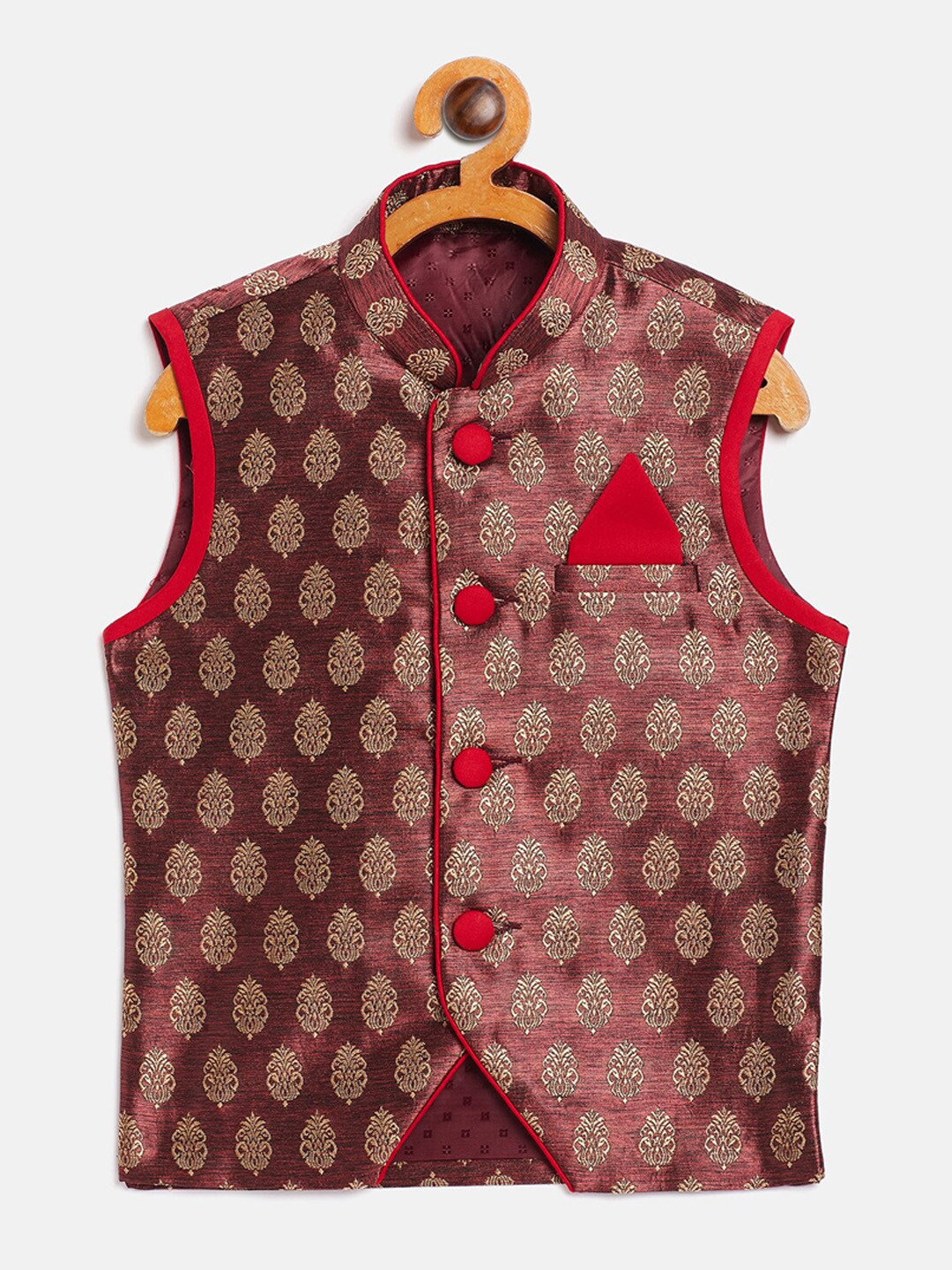 YK Boys Maroon Ethnic Self Pattern Buti Nehru Jacket with Square Pocket