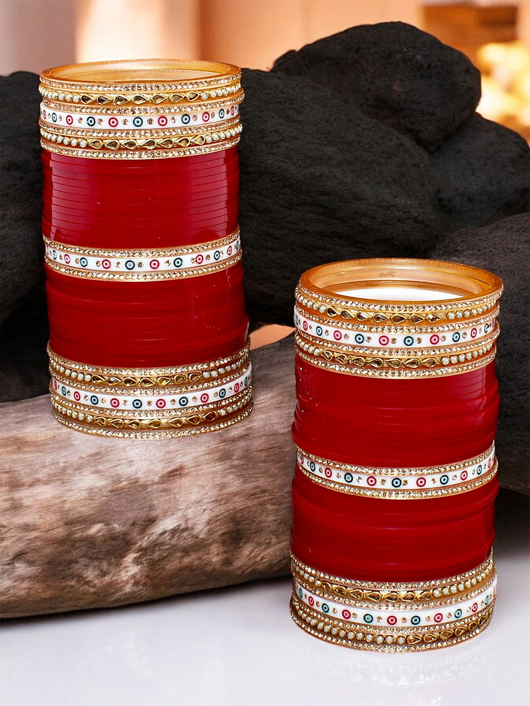 LUCKY JEWELLERY Set of 80 Gold-Plated Marron CZ Stone-Studded Wedding Chuda Set