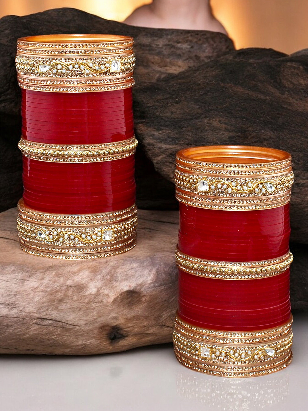 LUCKY JEWELLERY Maroon & Gold-Toned Kundan Studded Bridal Chura Bangle Set