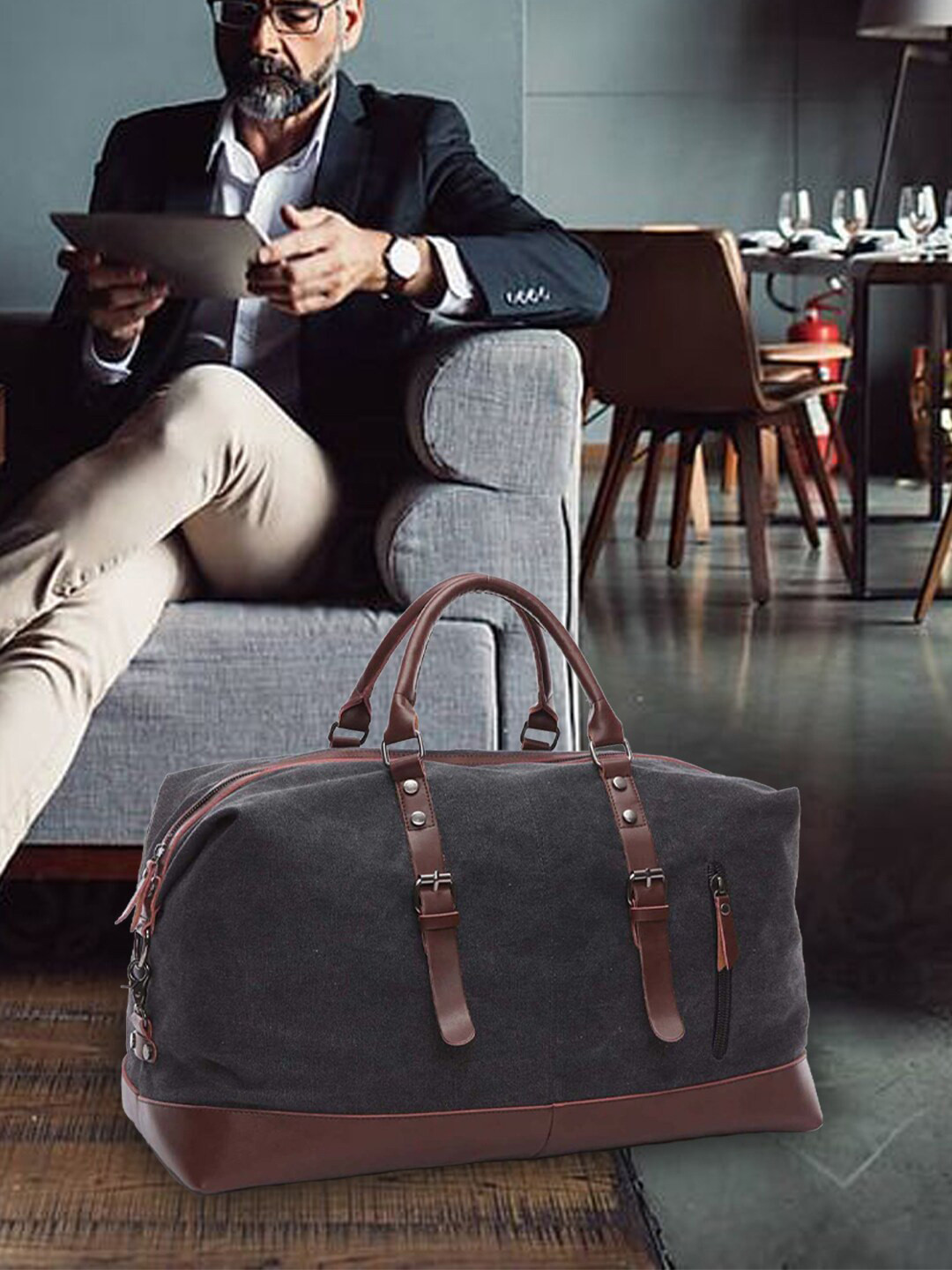FUR JADEN Black & Brown Solid Duffel Bag