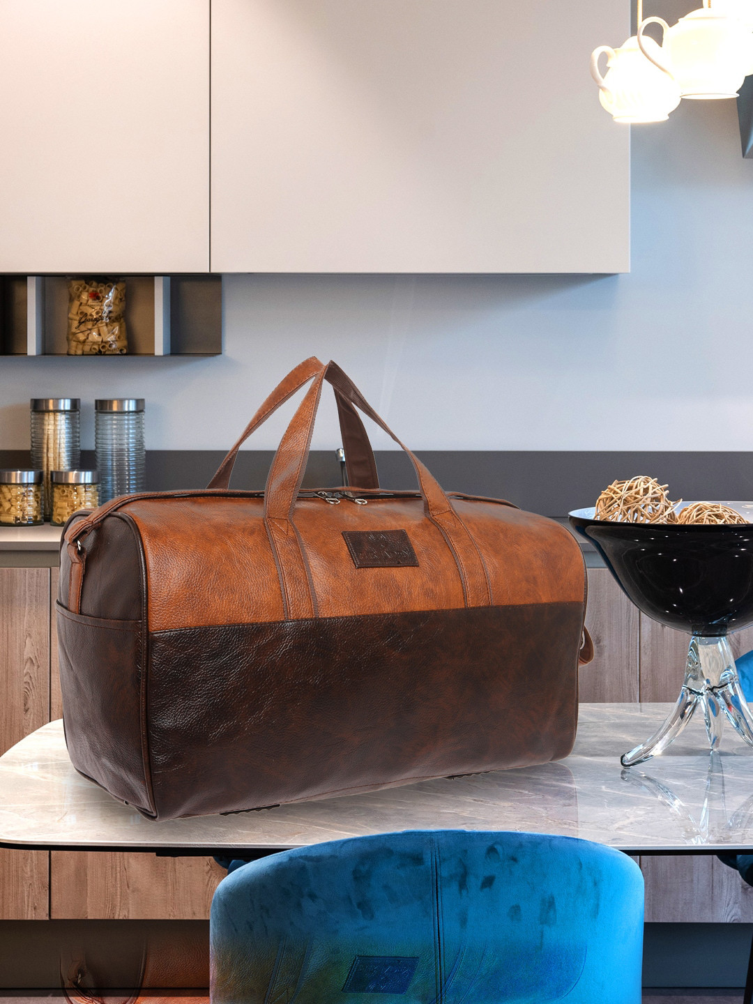 FUR JADEN Tan Brown & Brown Colourblocked Duffel Bag