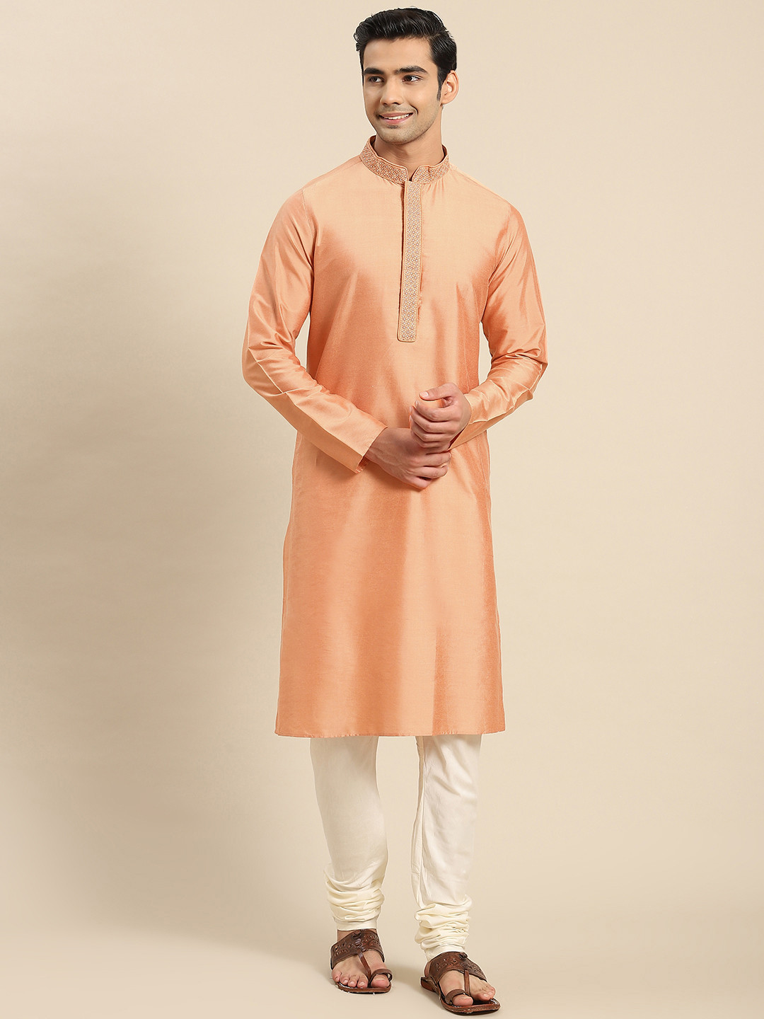 KISAH Men Peach-Coloured Kurta with Churidar