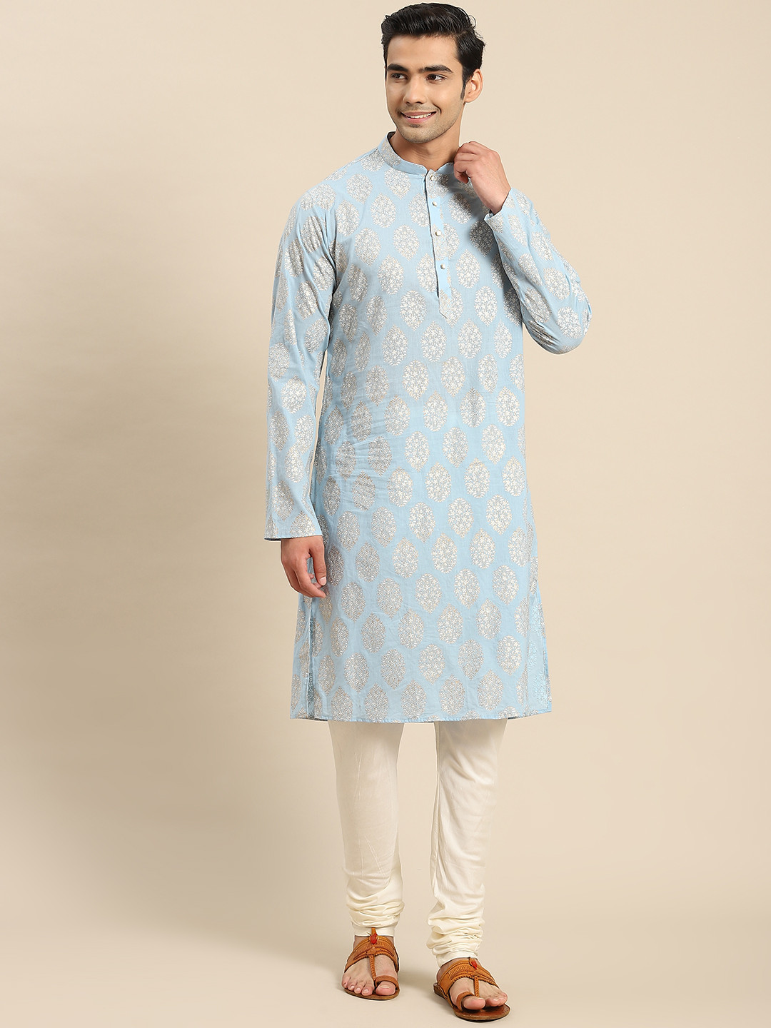 KISAH Men Turquoise Blue Ethnic Motifs Printed Kurta with Churidar