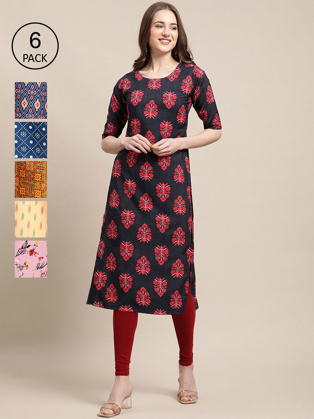 7Threads Women Pack of 6 Floral Digital Printed Summer Sheers Crepe Kurta