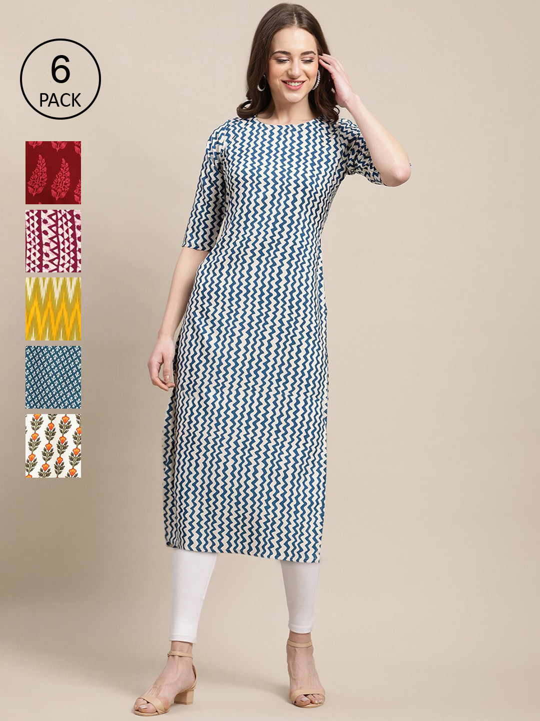 7Threads Set Of 6 Women Yellow & Red Ethnic Motifs Printed Crepe Kurta