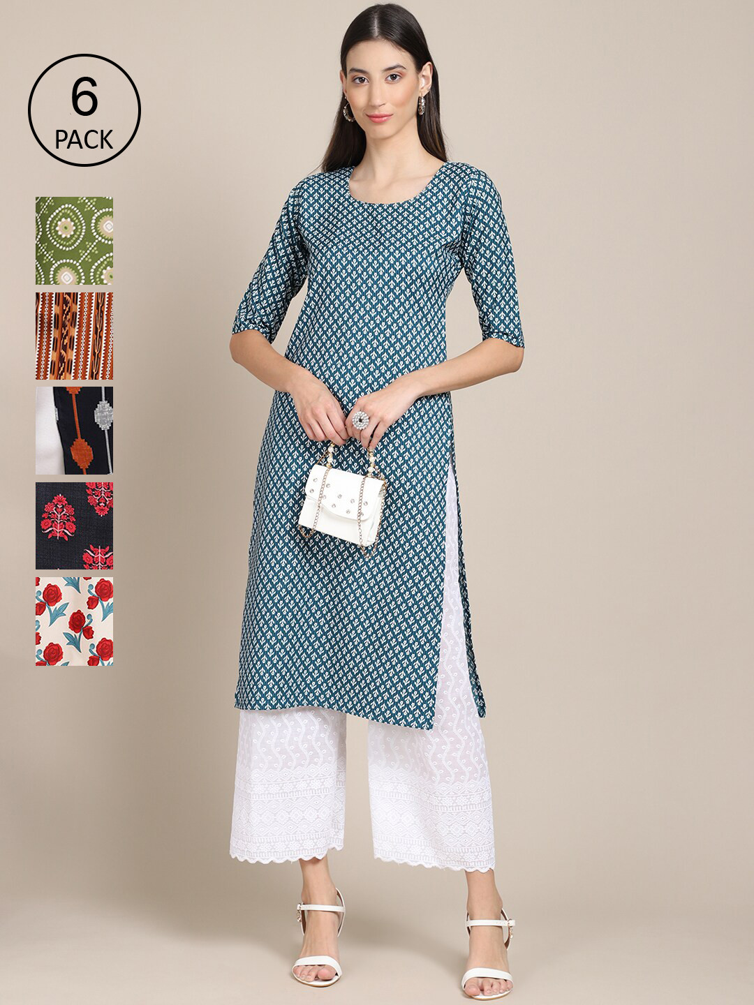 7Threads Women Pack Of 6 Floral Printed Summer Sheers Crepe Kurta