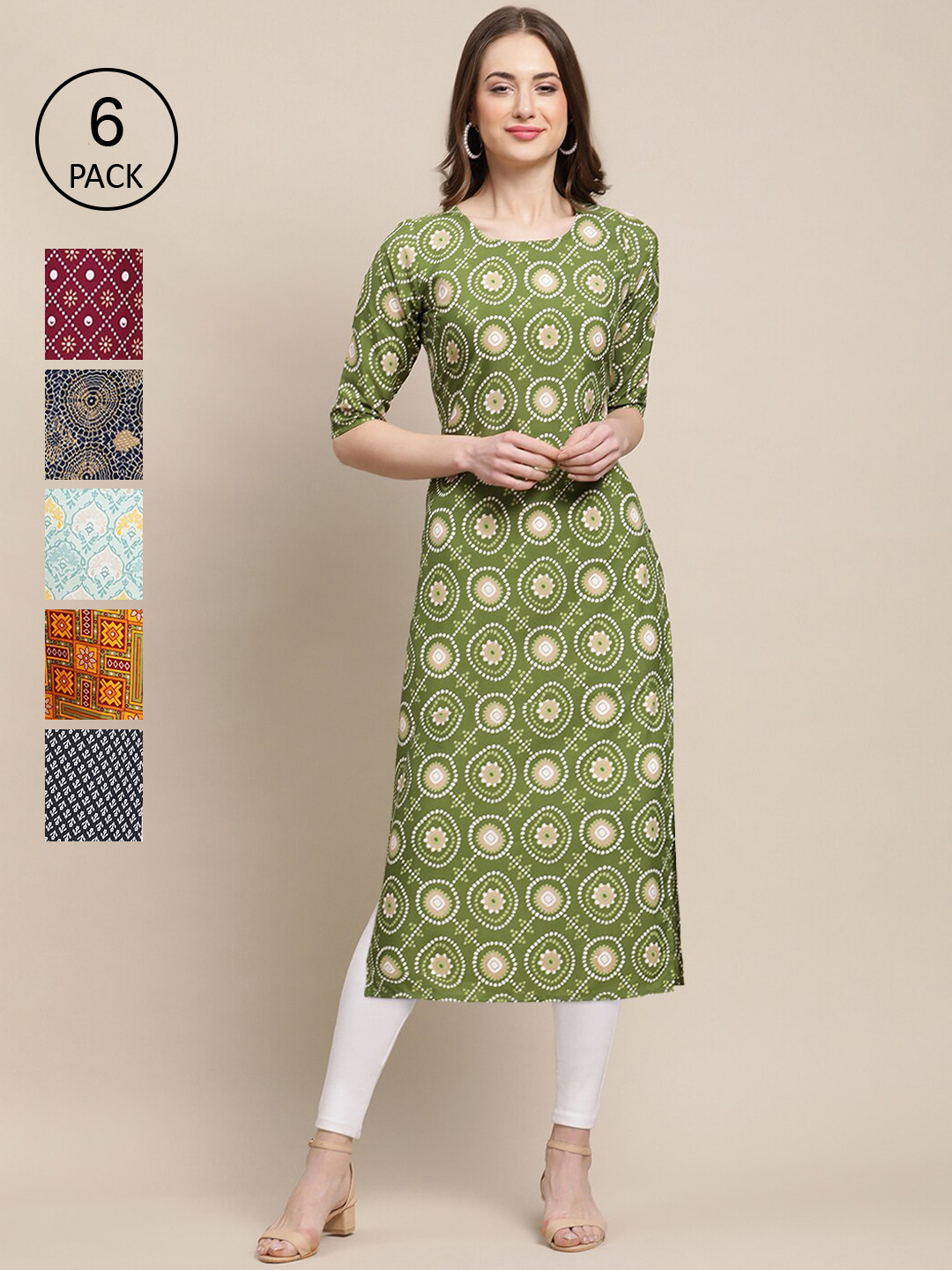 7Threads Women Red And Green Floral Printed Summer Sheers Crepe Kurta PACK OF 6