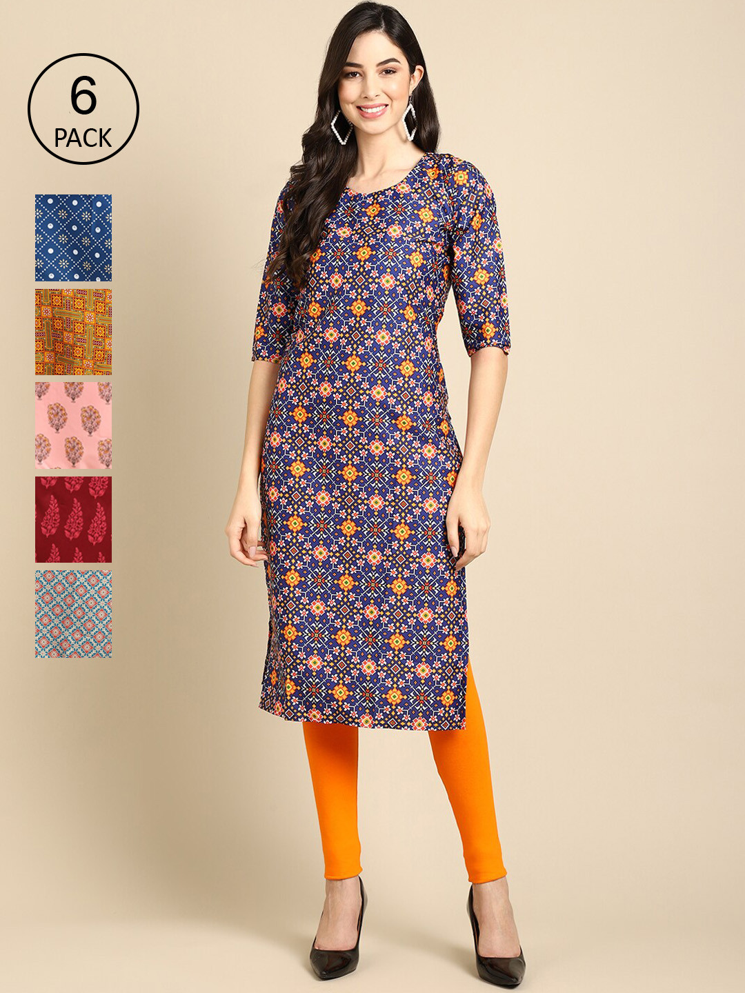 7Threads Women Pack of 6 Digital Printed Crepe Straight Kurtas