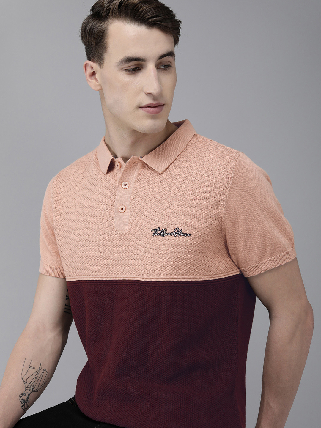 THE BEAR HOUSE Ardor Edition Men Pink Cotton Colourblocked Polo Collar Slim Fit T-shirt