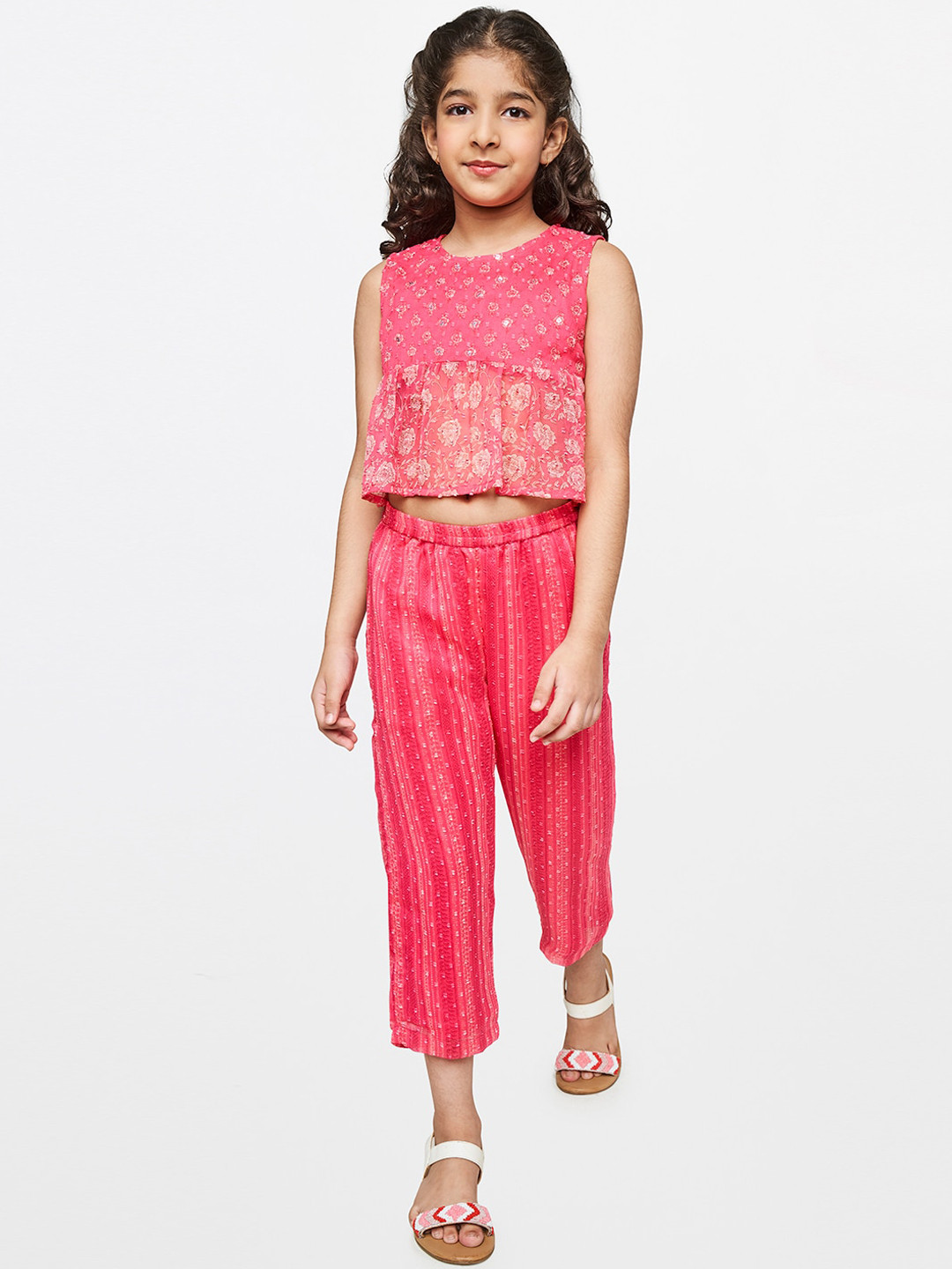 Global Desi Girls Pink & Off White Printed Clothing Set
