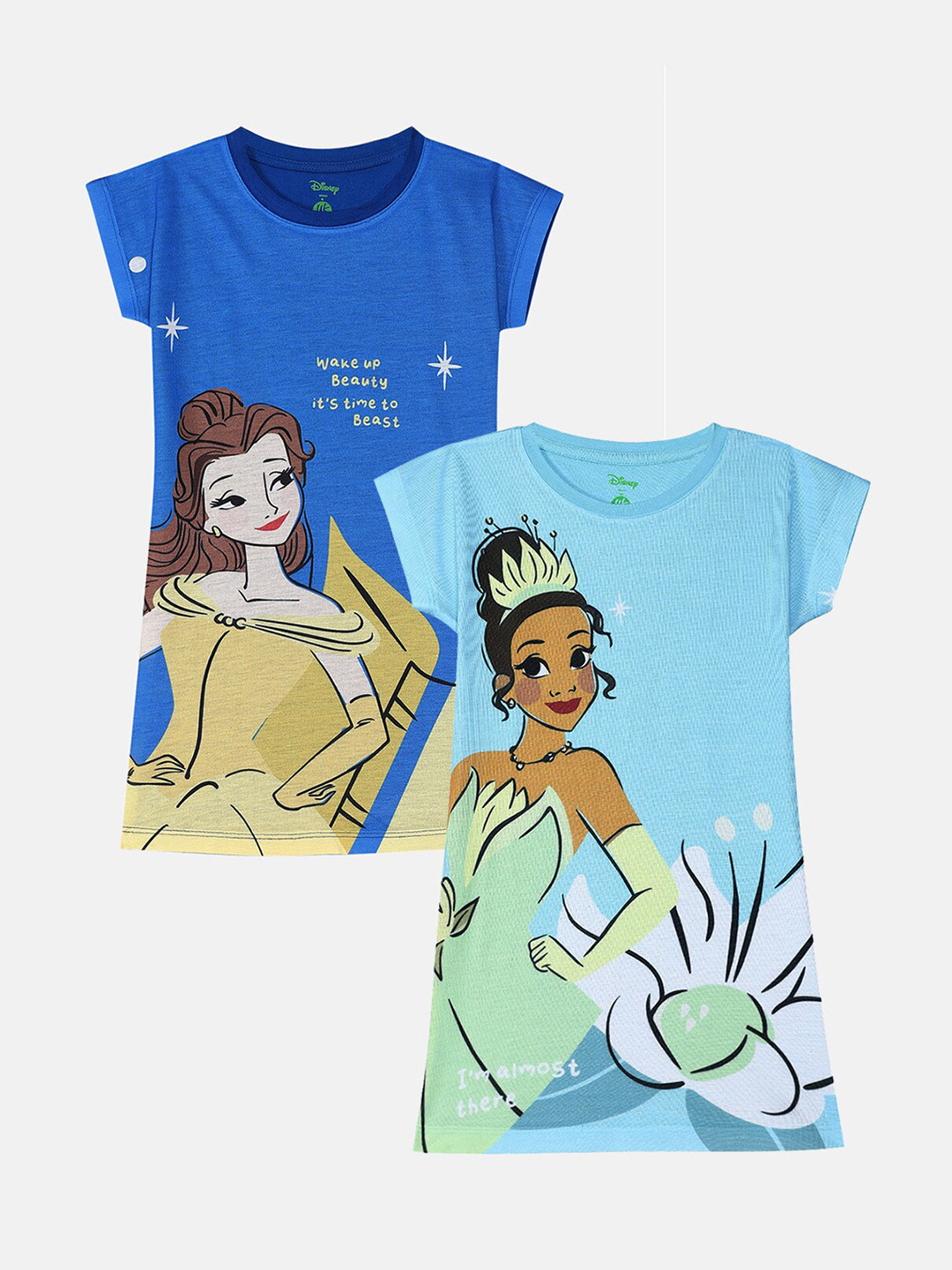 YK Disney Girls Pack of 2 Disney Princess Belle & Frog Princess Printed A-Line Dress