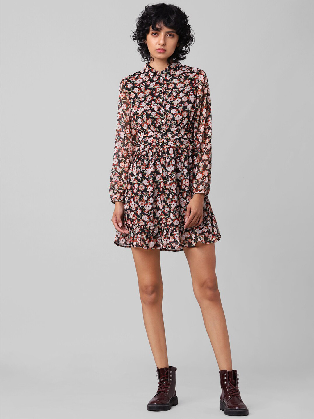 ONLY Women Orange Floral Print Mock Collar Mini Dress