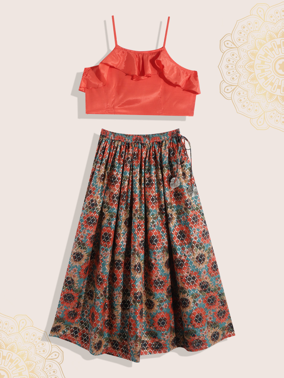 Biba Girls Orange & Green Ready to Wear Lehenga & Choli