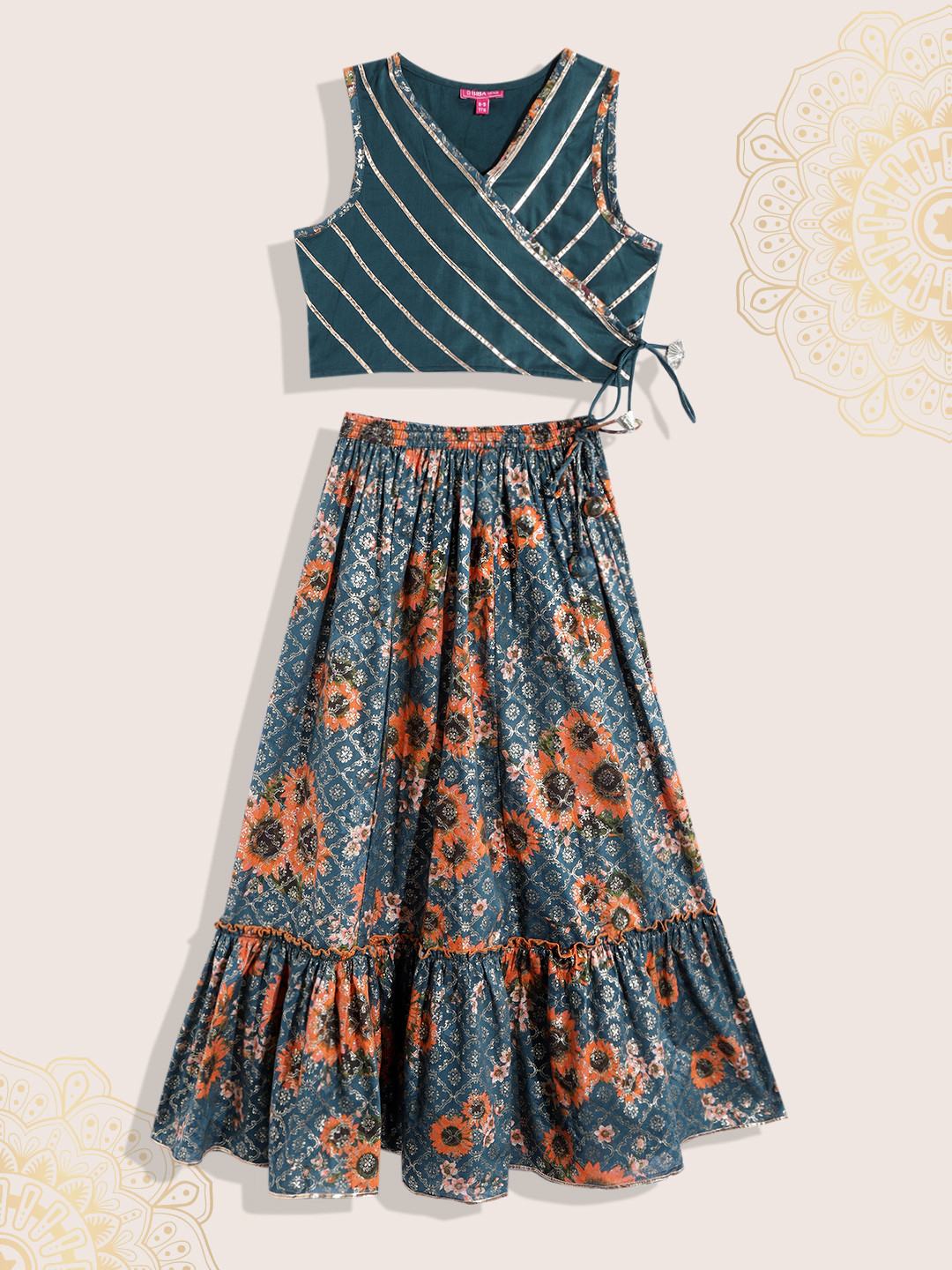 Biba Girls Teal Blue & Golden Floral Print Gotta Patti Ready to Wear Lehenga & Blouse