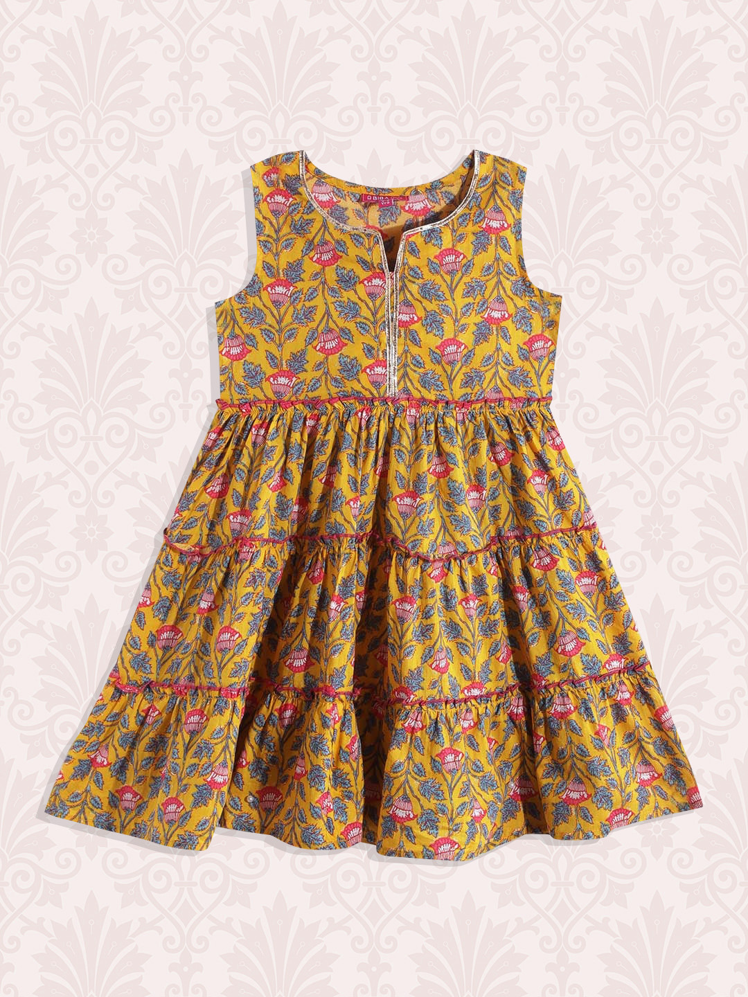 Biba Girls Yellow & Pink Floral Printed Tiered Pure Cotton Anarkali Kurta