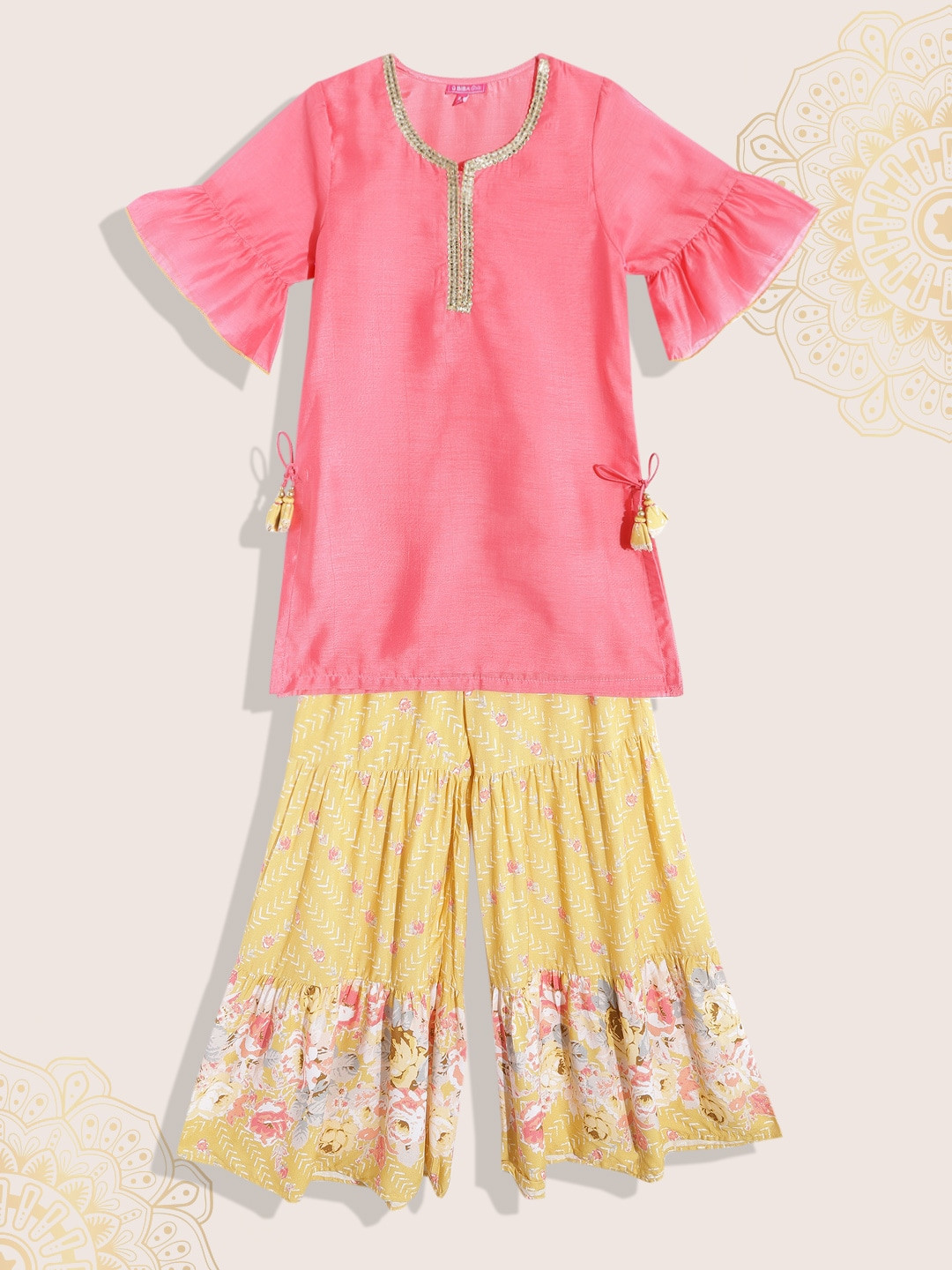 Biba Girls Pink & Yellow Solid Gotta Patti Detail Kurta with Sharara