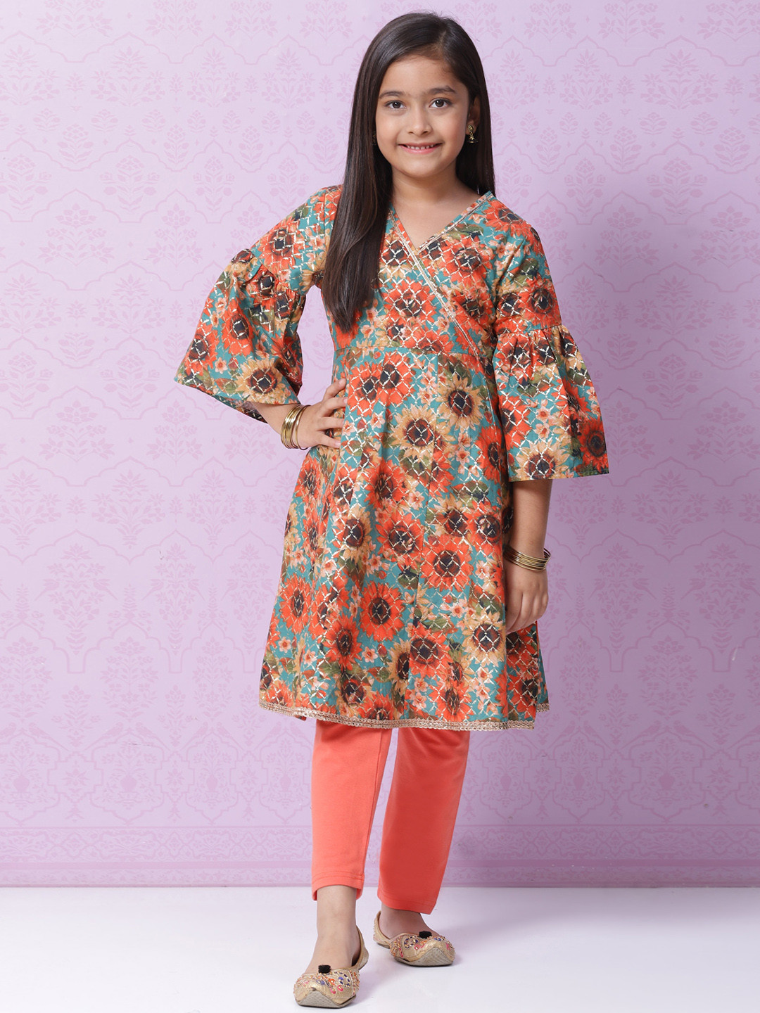 Biba Girls Green Floral Printed Pure Cotton Kurta with Leggings