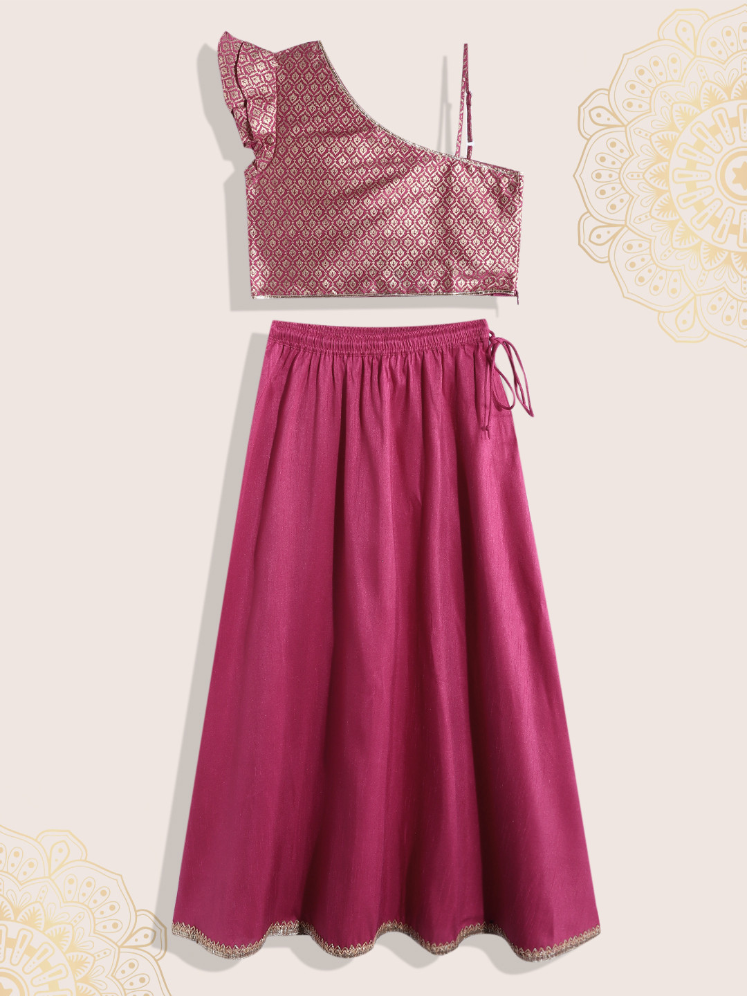Biba Girls Pink & Gold Solid Ready to Wear Lehenga & Choli