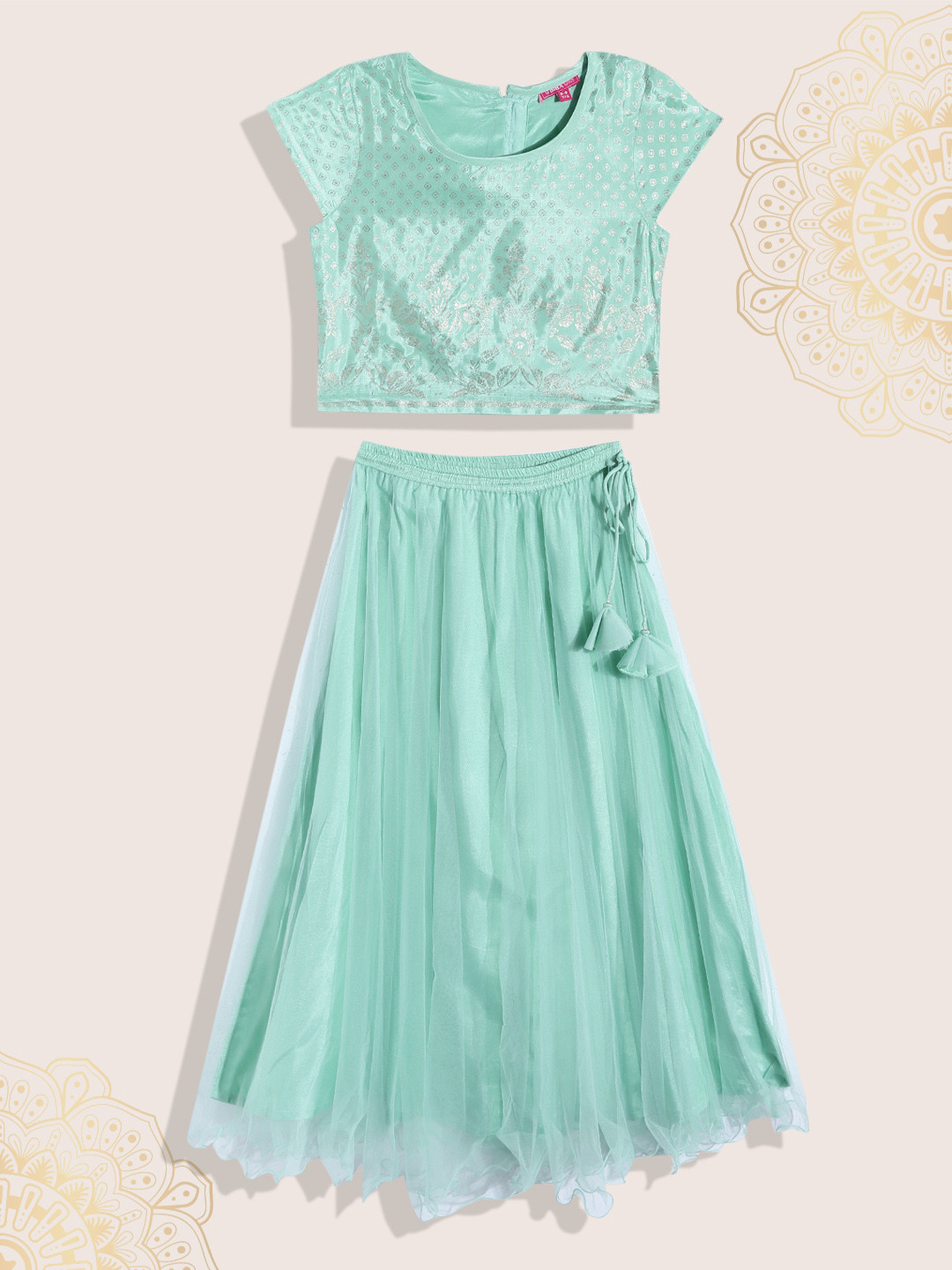 Biba Girls Mint Green & Gold-Toned Printed Ready to Wear Lehenga & Blouse