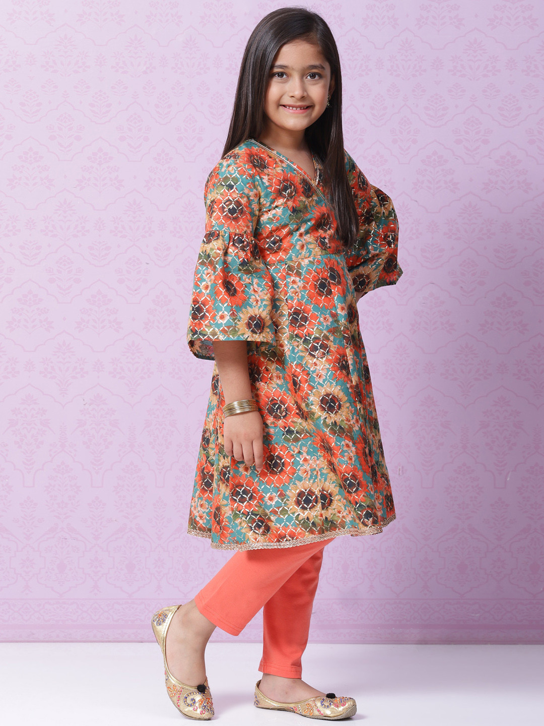 Biba Girls Green 7 Gold Floral Printed Angrakha Cotton Kurta & Leggings