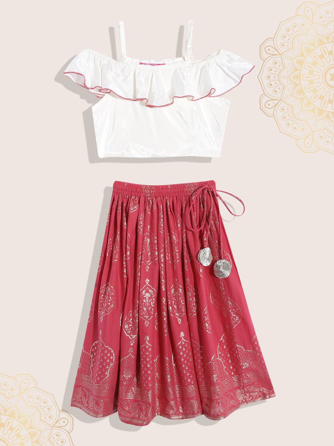 Biba Girls Off White & Red Ready to Wear Lehenga & Blouse