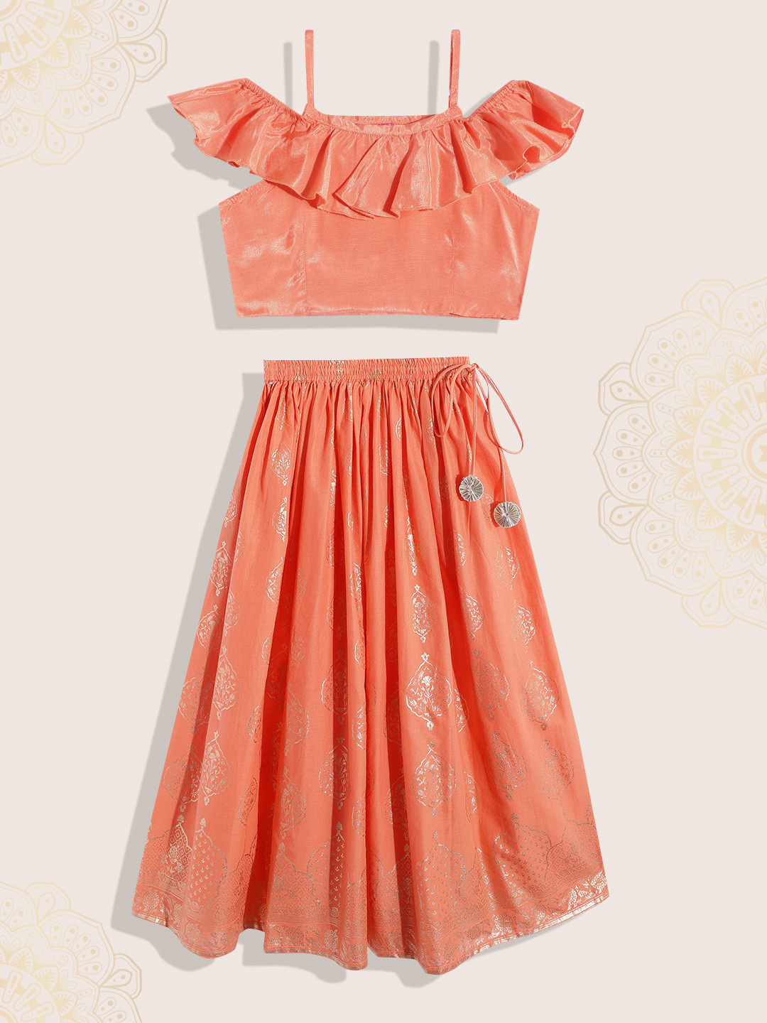 Biba Girls Orange & Gold-Toned Ethnic Print Ready to Wear Lehenga & Blouse