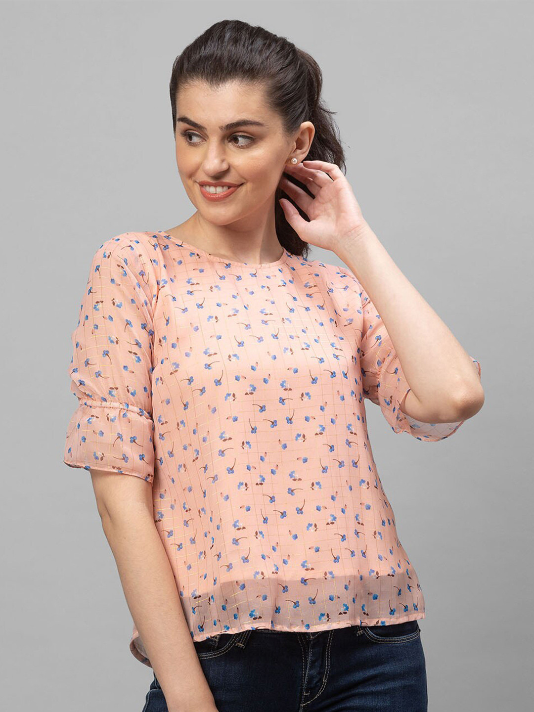 Globus Peach-Coloured Floral Print Georgette Top