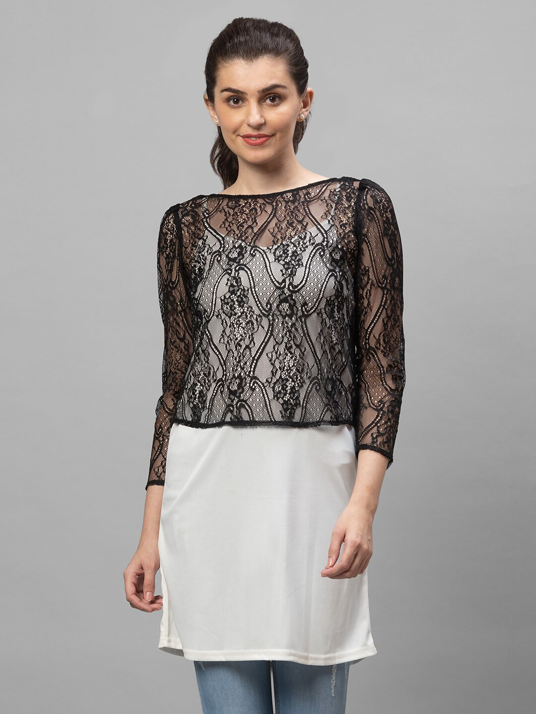 Globus Women Black Self Design Lace Crop Top