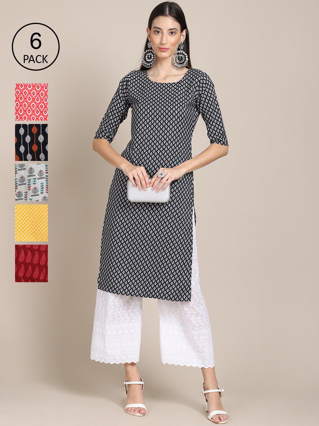 7Threads Women Pack of 6 Geometric Digital Printed Summer Sheers Crepe Kurta