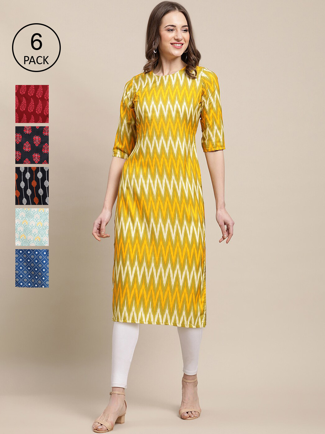 7Threads Women Pack Of 6 Printed Crepe Straight Kurta